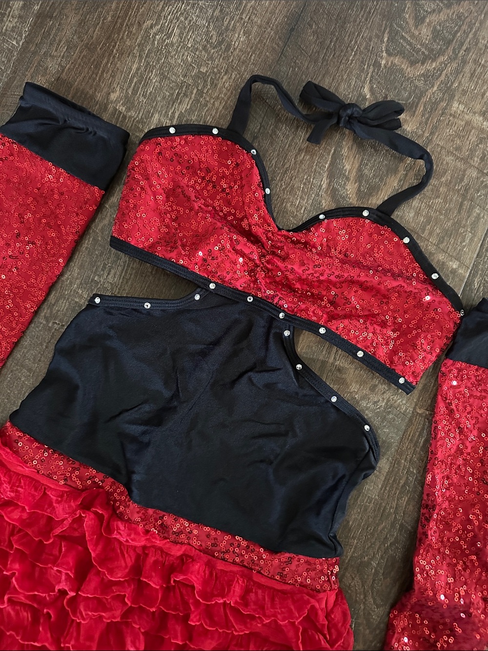 Competition Dance Red & Black Sequin & Ruffle Dance Costume youth large (YL)